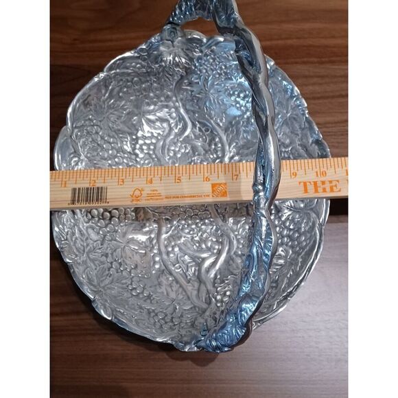 Polished Pewter 12" 3D Grape Vine Basket With Handle and Serving Fork And Spoon - Picture 6 of 9